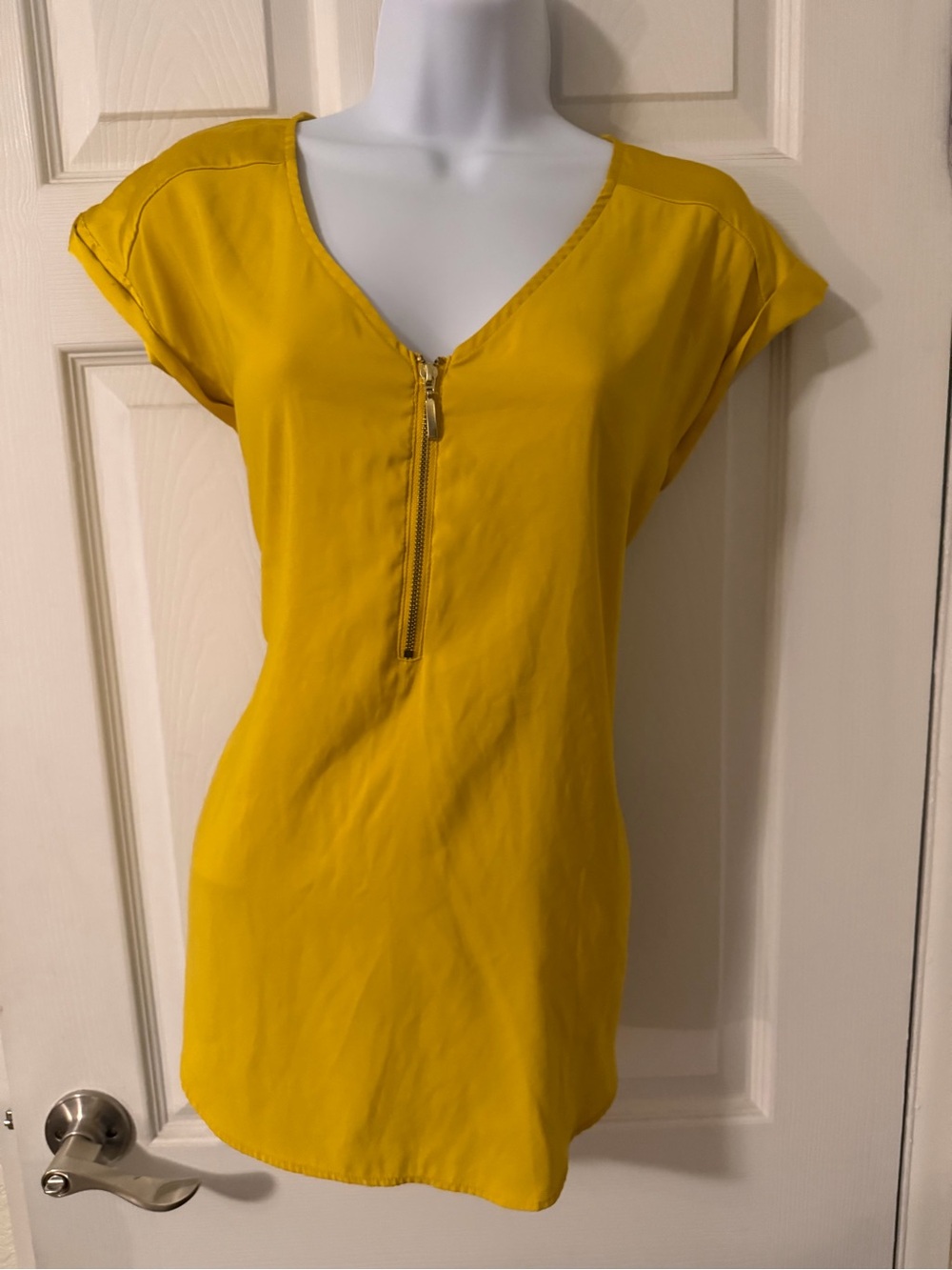 Express Bright Yellow Zip-Front Short Sleeve Blouse